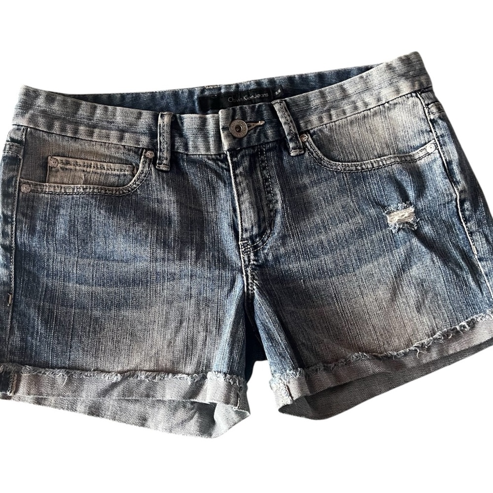 Calvin Klein Mid Rise Cuffed Jean Shorts Women’s Cut Off Stretch Blue Denim 6